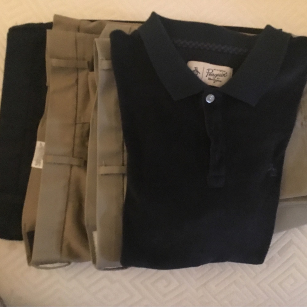 Three pairs slacks and luxurious Penguin pullover.